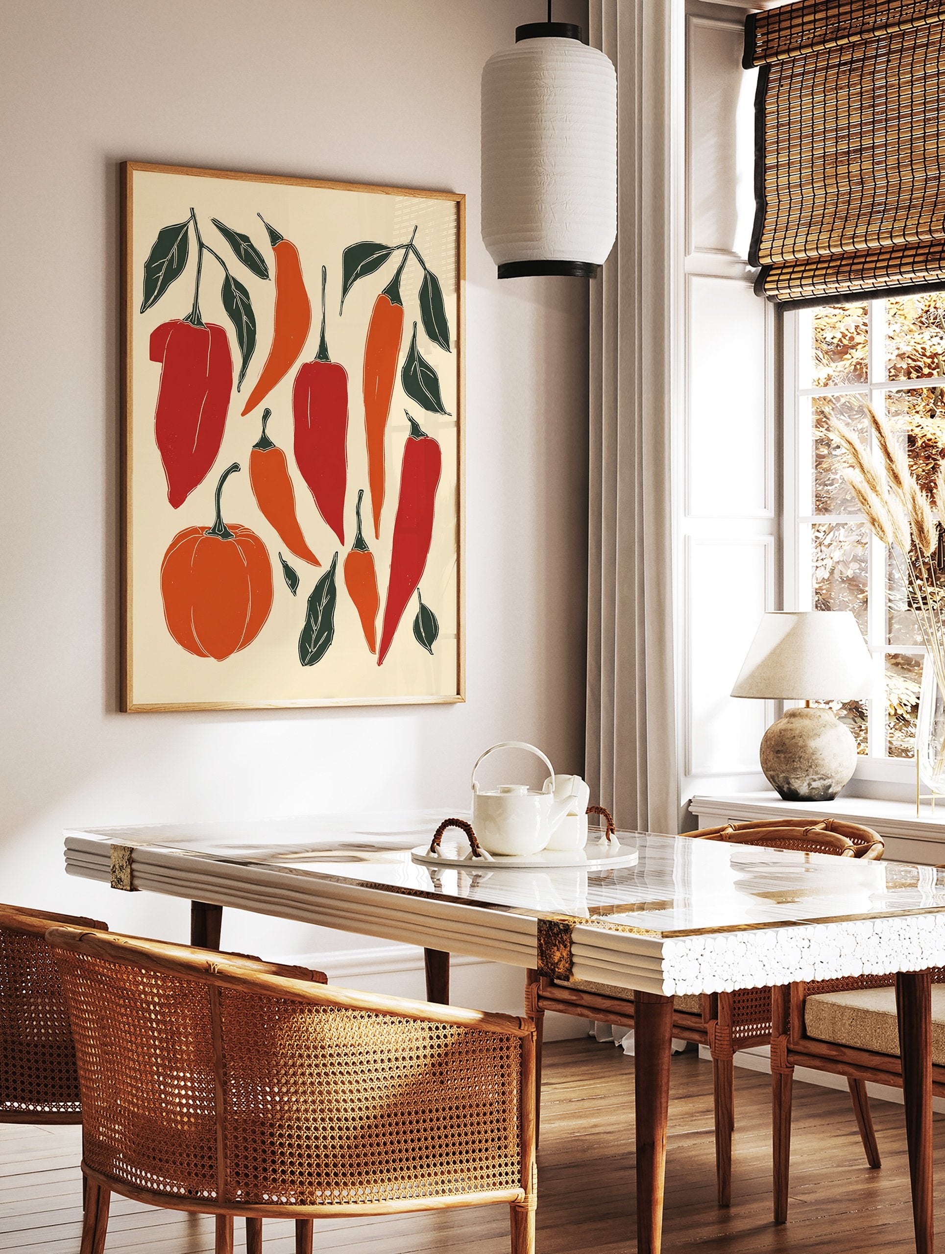 Chili pepper poster featuring red and orange peppers, a small pumpkin, and green leaves in an illustrative style on a cream background. - Image 2