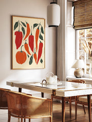 Chili pepper poster featuring red and orange peppers, a small pumpkin, and green leaves in an illustrative style on a cream background. - Image 2