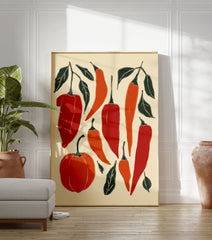 Chili pepper poster featuring red and orange peppers, a small pumpkin, and green leaves in an illustrative style on a cream background. - Image 3