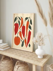Chili pepper poster featuring red and orange peppers, a small pumpkin, and green leaves in an illustrative style on a cream background. - Image 4