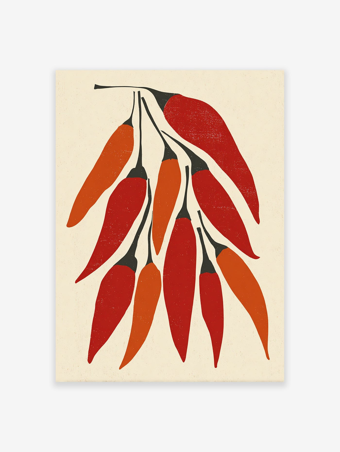 Red and orange chili pepper illustration poster with black stems on a cream background, modern kitchen wall art print.