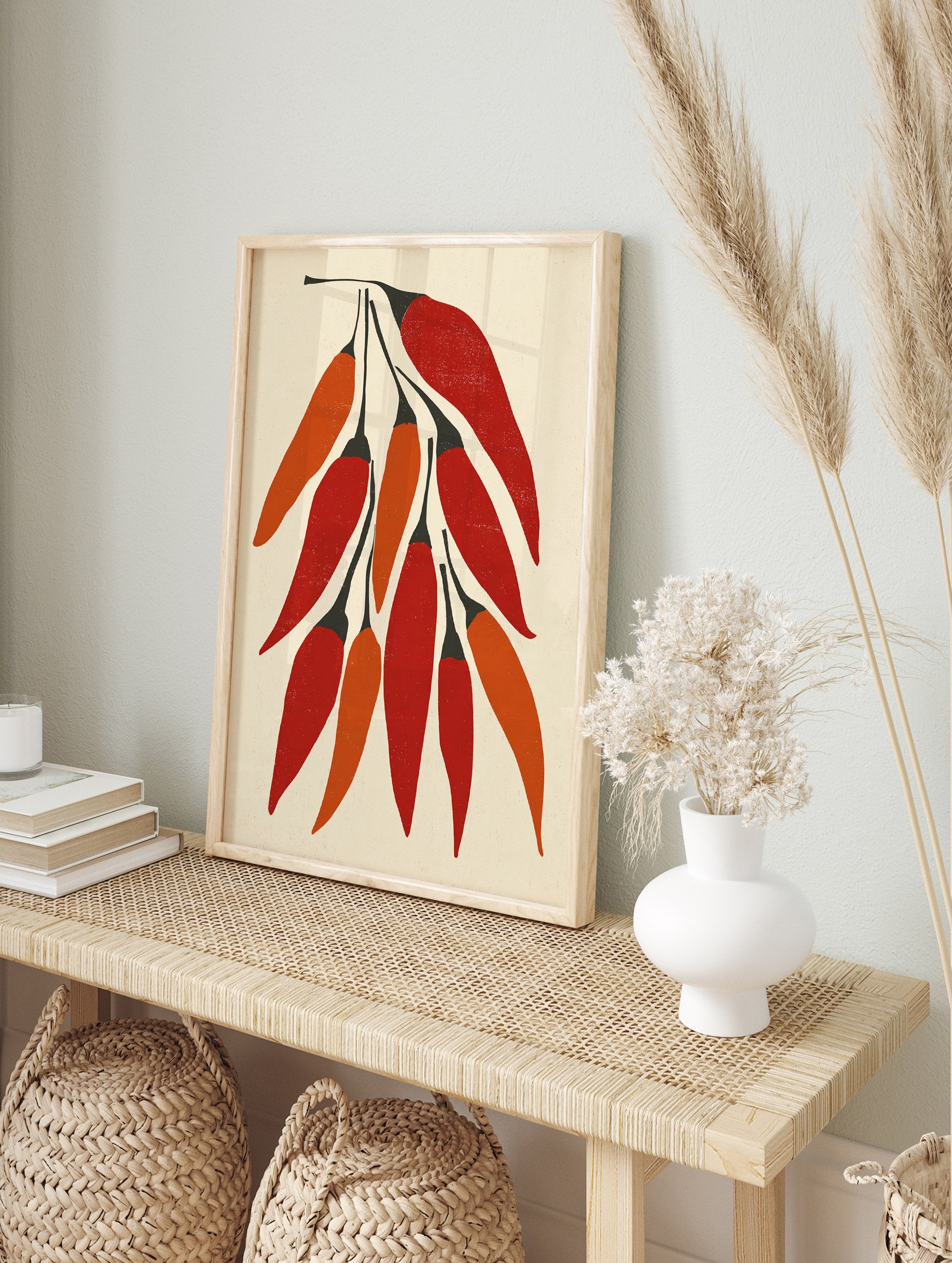 Red and orange chili pepper illustration poster with black stems on a cream background, modern kitchen wall art print. - Image 4