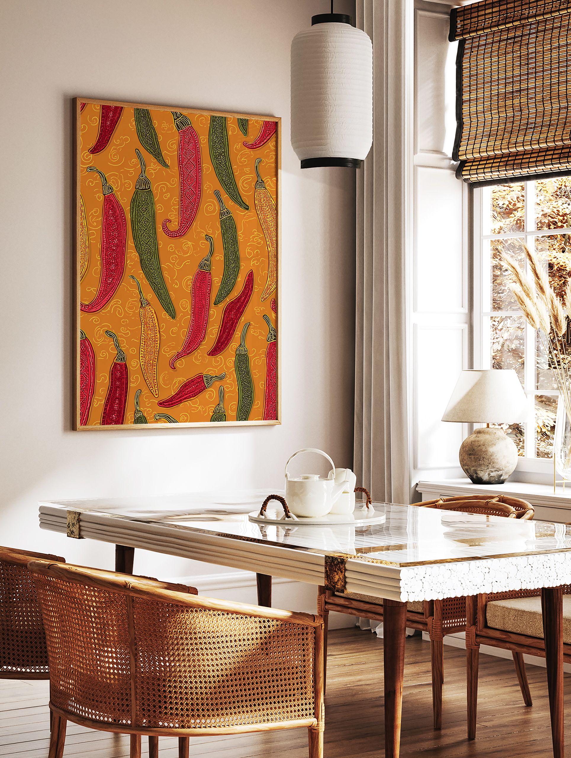 Colorful chili pepper wall art print featuring red, green, and yellow peppers with folk art patterns on an orange background. - Image 2