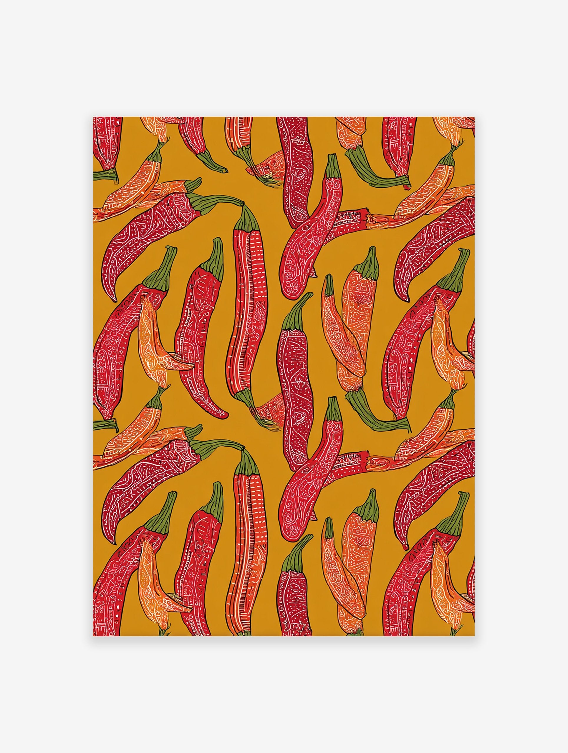 Vibrant red and orange chili pepper wall art pattern with intricate white details on a mustard yellow background, illustrative style.