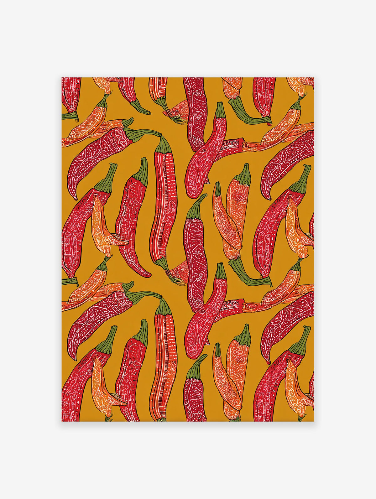Vibrant red and orange chili pepper wall art pattern with intricate white details on a mustard yellow background, illustrative style.