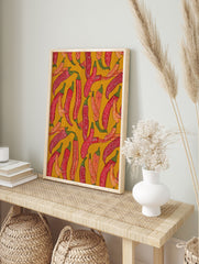 Vibrant red and orange chili pepper wall art pattern with intricate white details on a mustard yellow background, illustrative style. - Image 3