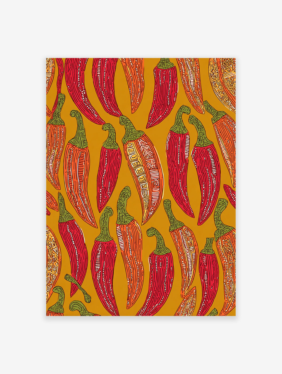 Vibrant illustrated chili pepper pattern wall art print featuring red, orange, and green peppers on a mustard yellow background.