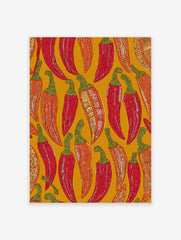 Vibrant illustrated chili pepper pattern wall art print featuring red, orange, and green peppers on a mustard yellow background.