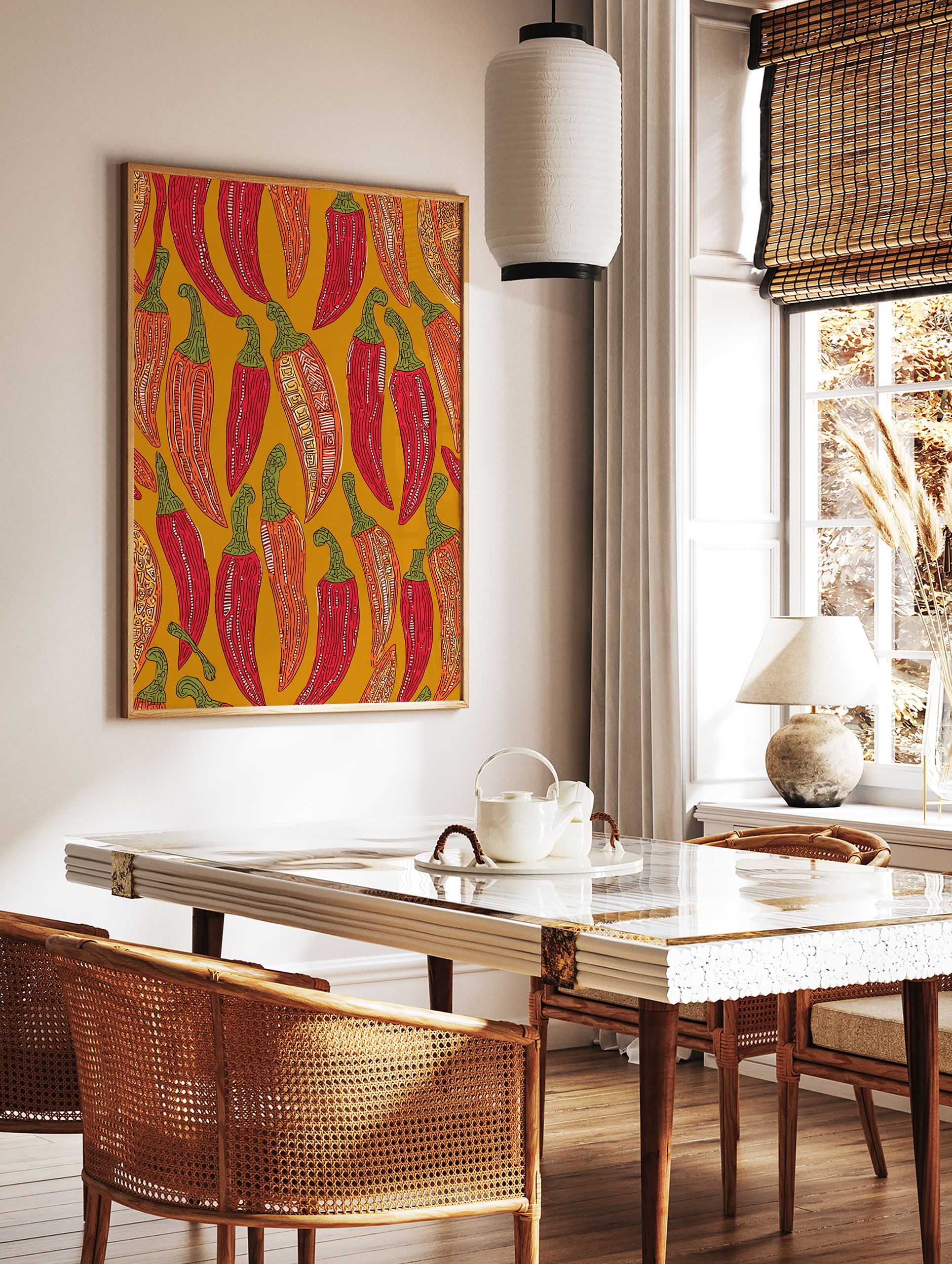 Vibrant illustrated chili pepper pattern wall art print featuring red, orange, and green peppers on a mustard yellow background. - Image 2