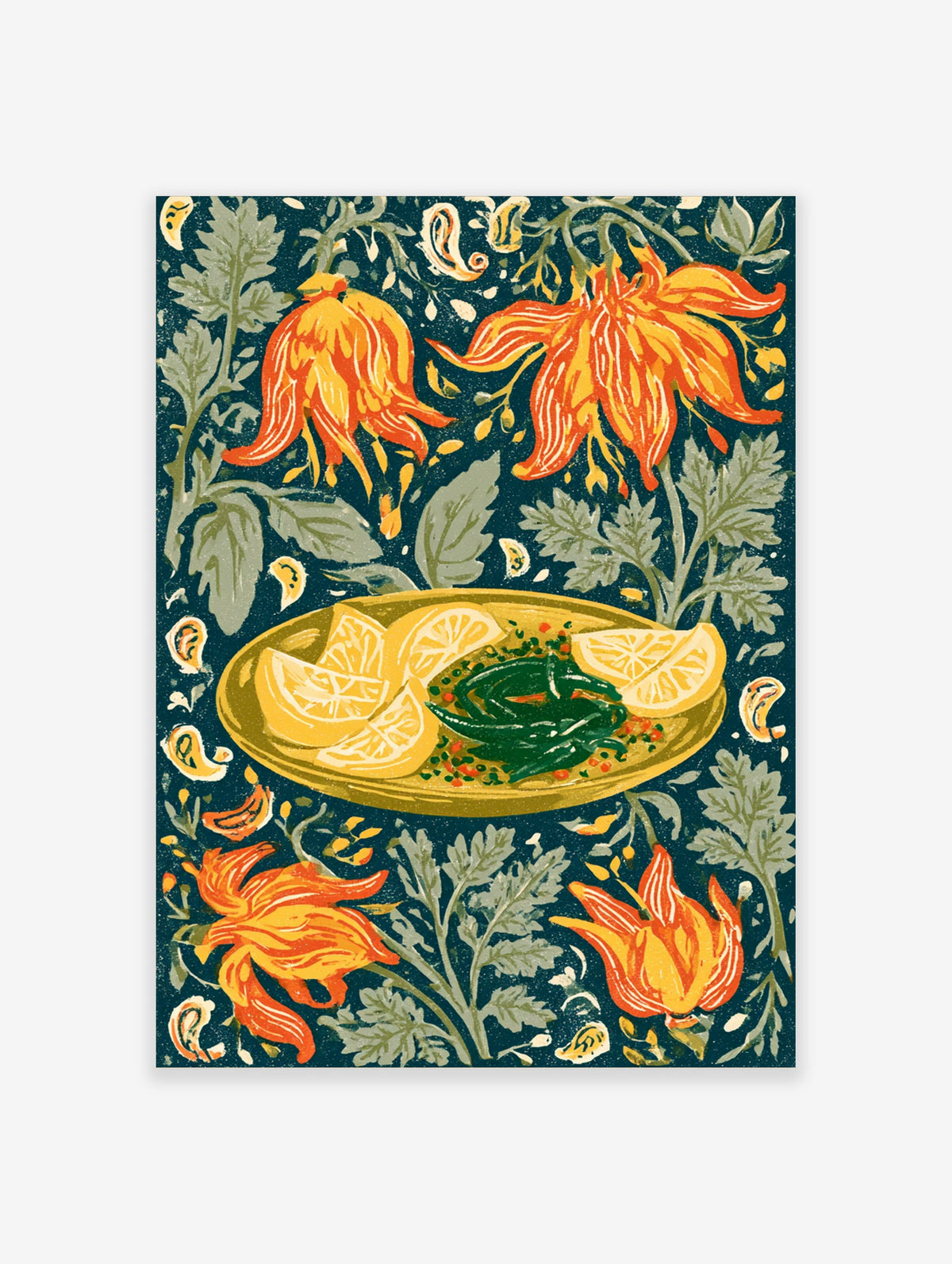 Chilli pepper and lemon wall art print with orange flowers and green foliage on dark blue background