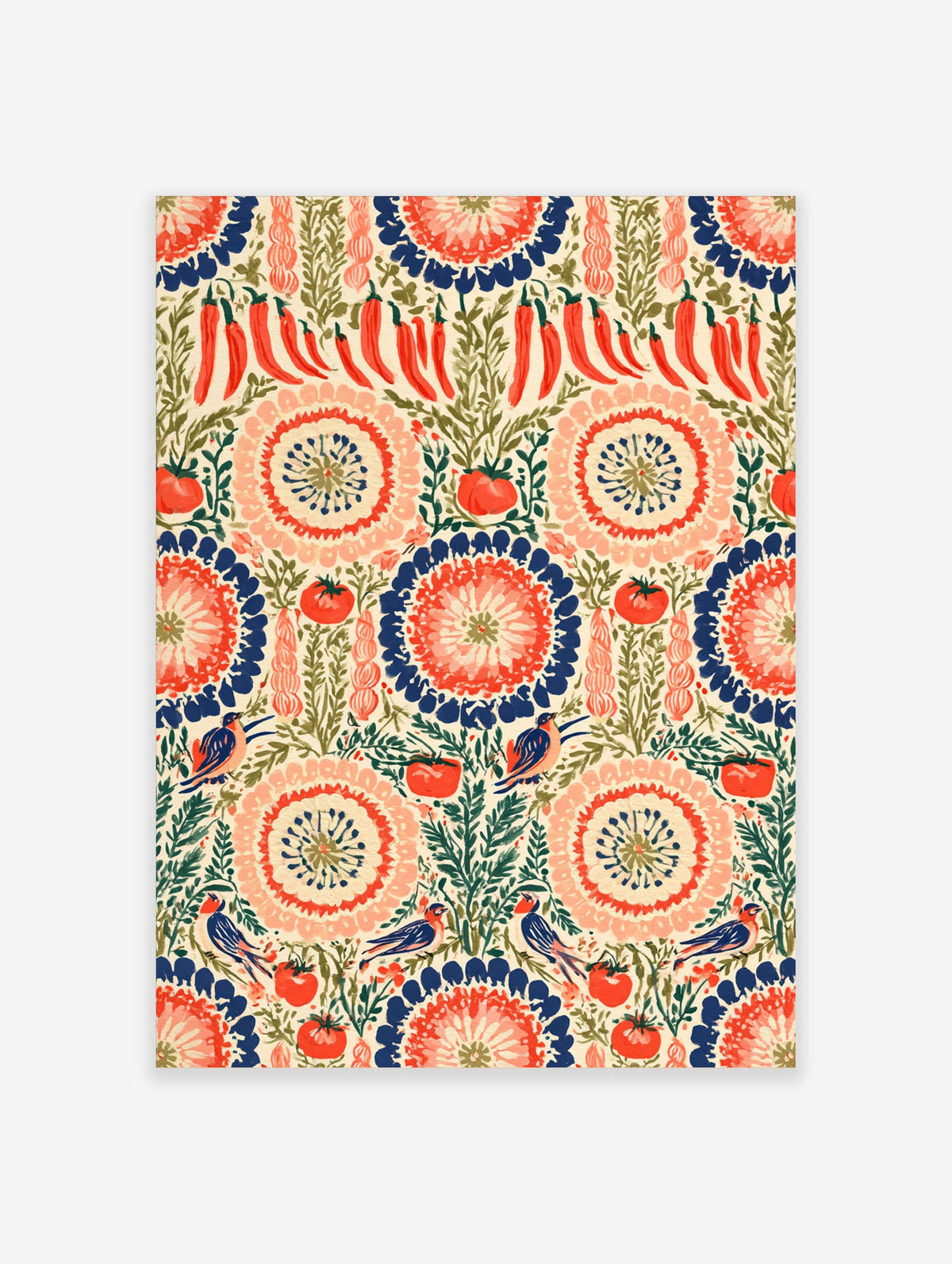 Folk art print with red chillies, tomatoes, blue birds and pink flowers on cream background