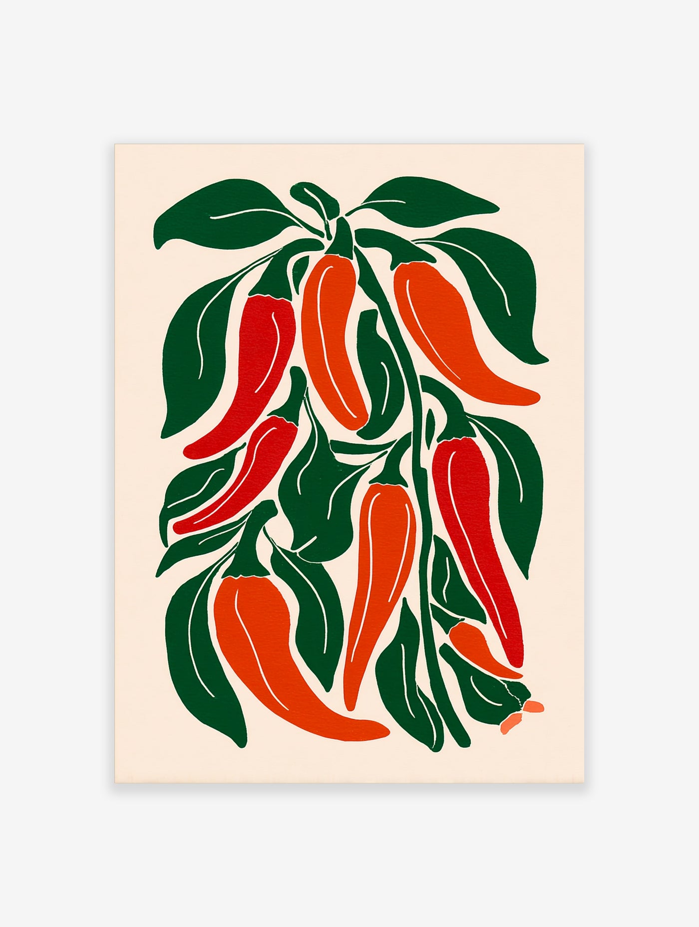 Botanical chilli pepper art print with red and orange chillies and green leaves on cream background