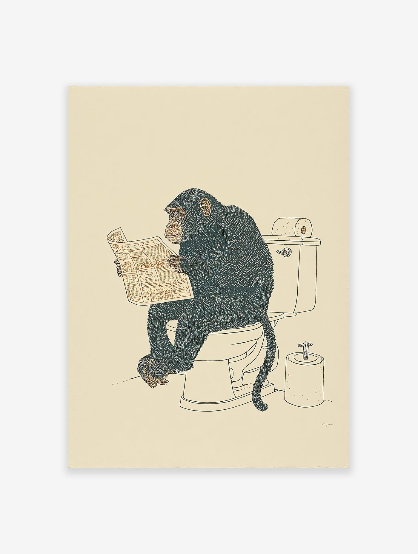 Humorous chimpanzee wall art illustration of a chimp sitting on a toilet reading a newspaper on a cream background.