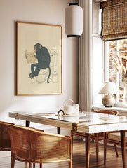 Humorous chimpanzee wall art illustration of a chimp sitting on a toilet reading a newspaper on a cream background. - Image 2