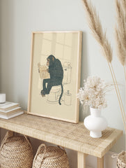 Humorous chimpanzee wall art illustration of a chimp sitting on a toilet reading a newspaper on a cream background. - Image 3