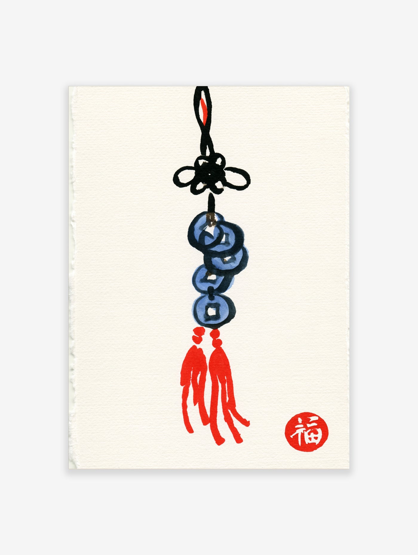 Minimalist Chinese knot charm illustration with blue coins, red tassels, and red calligraphy stamp on cream paper