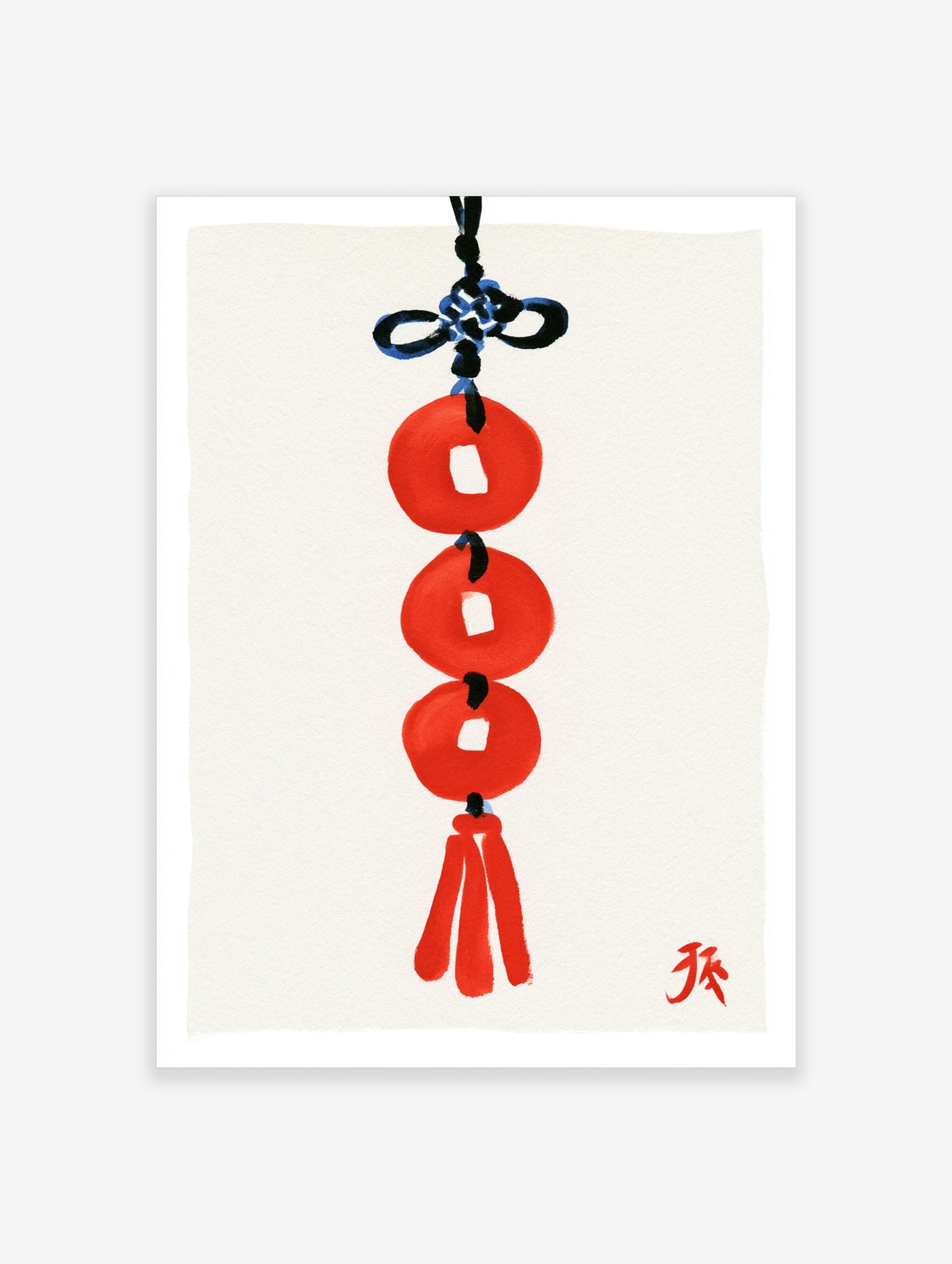 Illustration of a hanging Chinese-style coin ornament with red circles, black knot and red tassel on white background