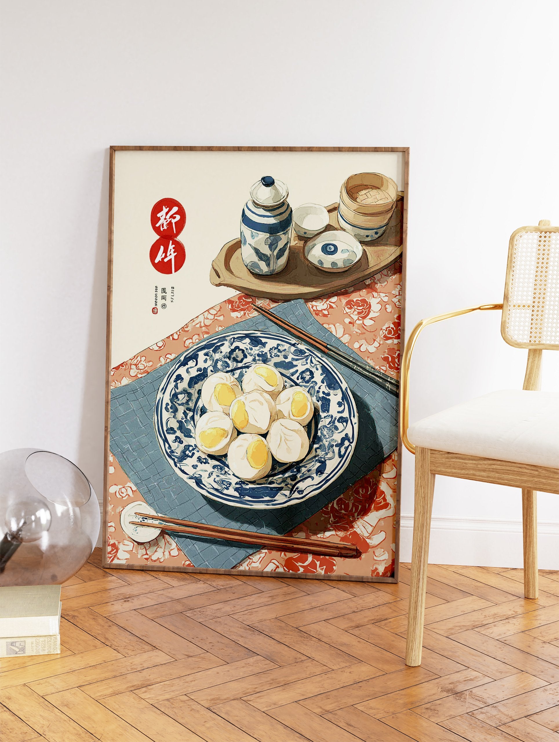 Traditional Chinese food art print of dim sum buns on a blue and white plate with chopsticks, tea set, and steamer. - Image 2