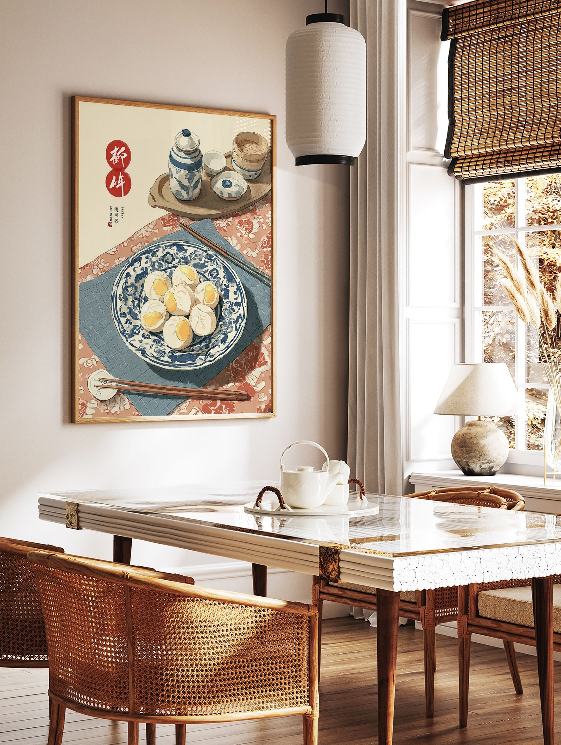 Traditional Chinese food art print of dim sum buns on a blue and white plate with chopsticks, tea set, and steamer. - Image 3