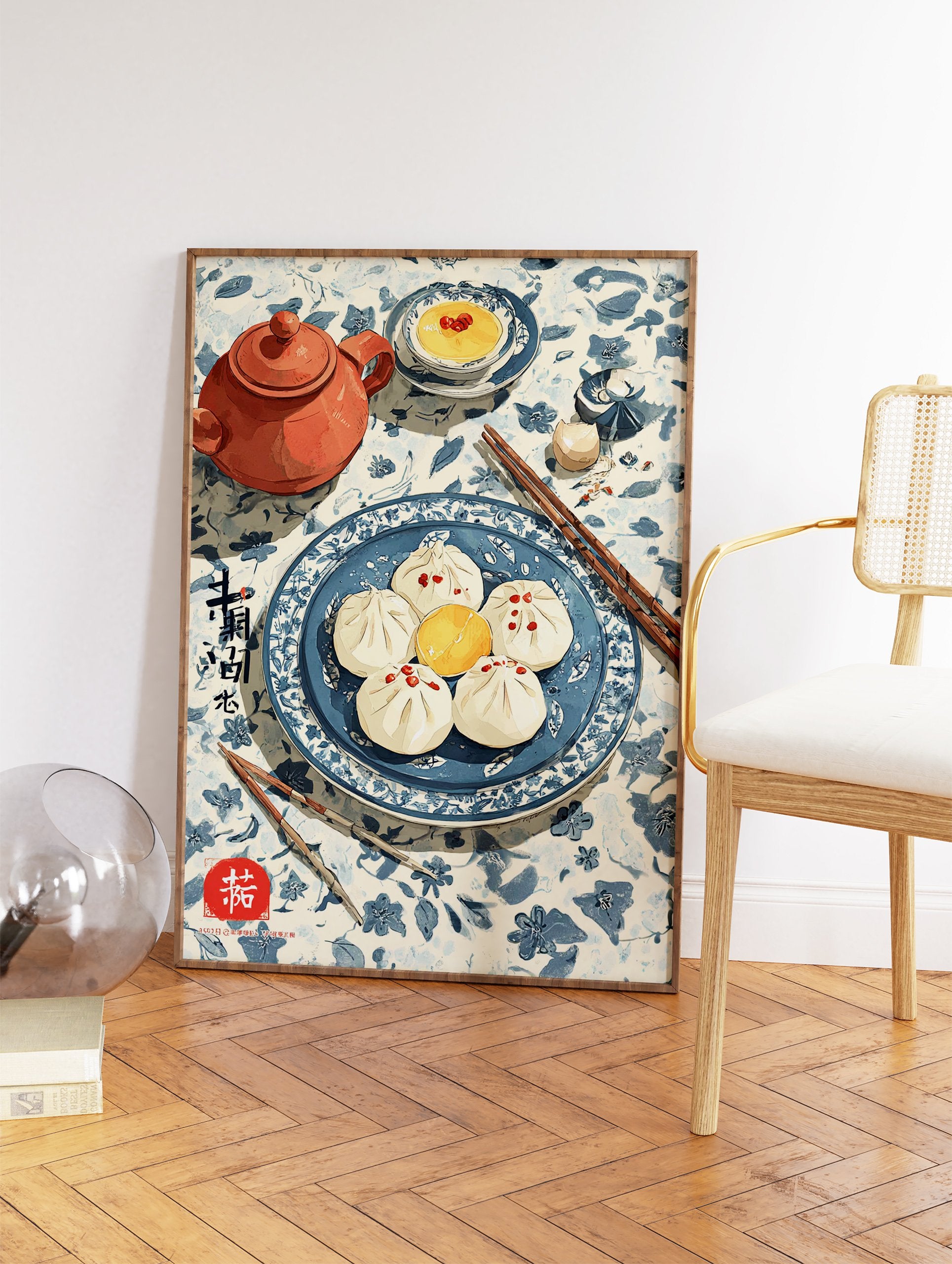 Chinese food art print illustrating steamed buns, a teapot, and custard on a blue and white patterned tablecloth. - Image 2
