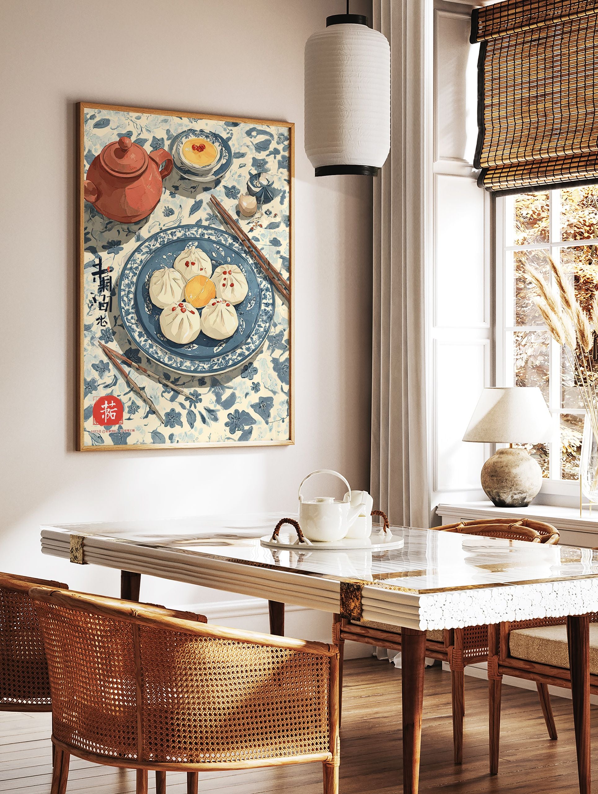 Chinese food art print illustrating steamed buns, a teapot, and custard on a blue and white patterned tablecloth. - Image 3