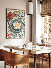 Chinese food art print illustrating steamed buns, a teapot, and custard on a blue and white patterned tablecloth. - Image 3
