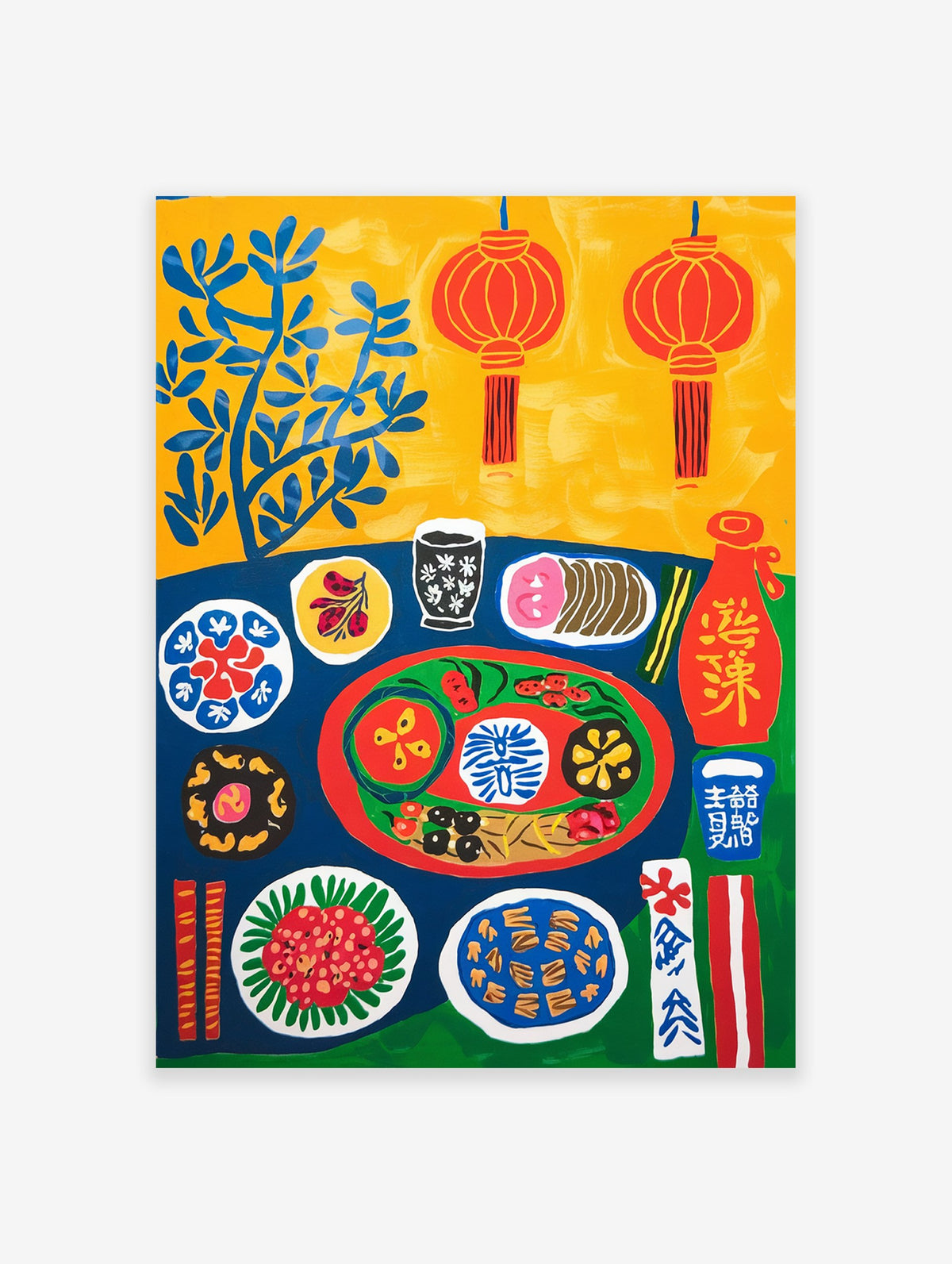 Vibrant Chinese Food Poster illustrating a table with various colorful dishes, chopsticks, lanterns, and blue leaves on a yellow background.