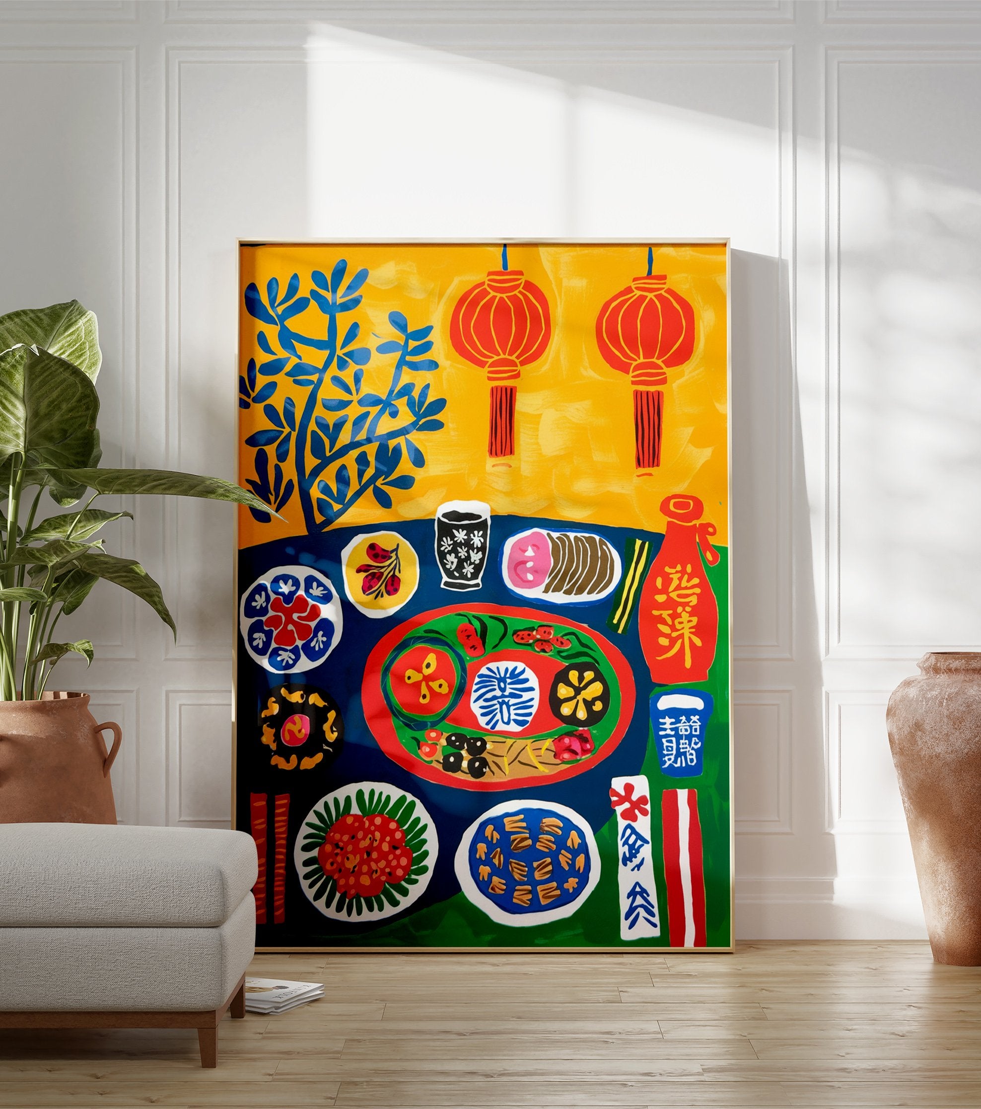 Vibrant Chinese Food Poster illustrating a table with various colorful dishes, chopsticks, lanterns, and blue leaves on a yellow background. - Image 3