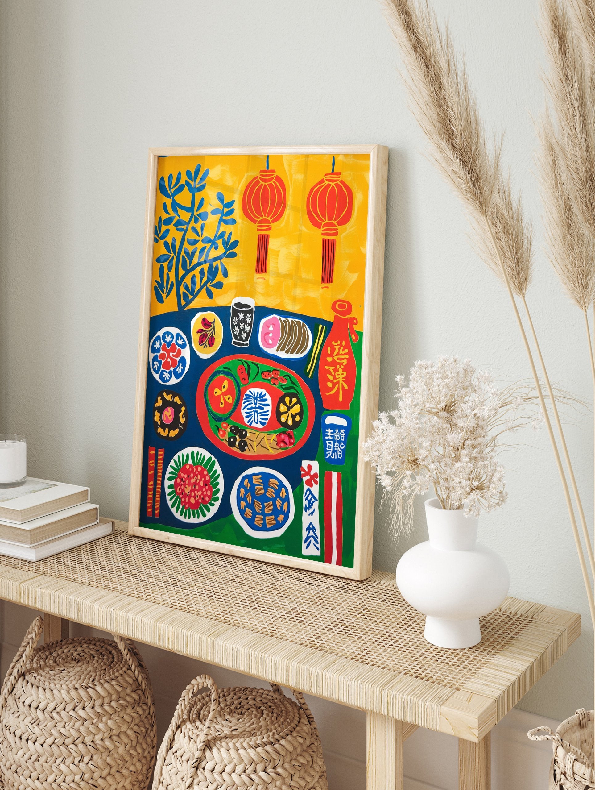 Vibrant Chinese Food Poster illustrating a table with various colorful dishes, chopsticks, lanterns, and blue leaves on a yellow background. - Image 4