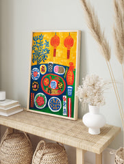 Vibrant Chinese Food Poster illustrating a table with various colorful dishes, chopsticks, lanterns, and blue leaves on a yellow background. - Image 4