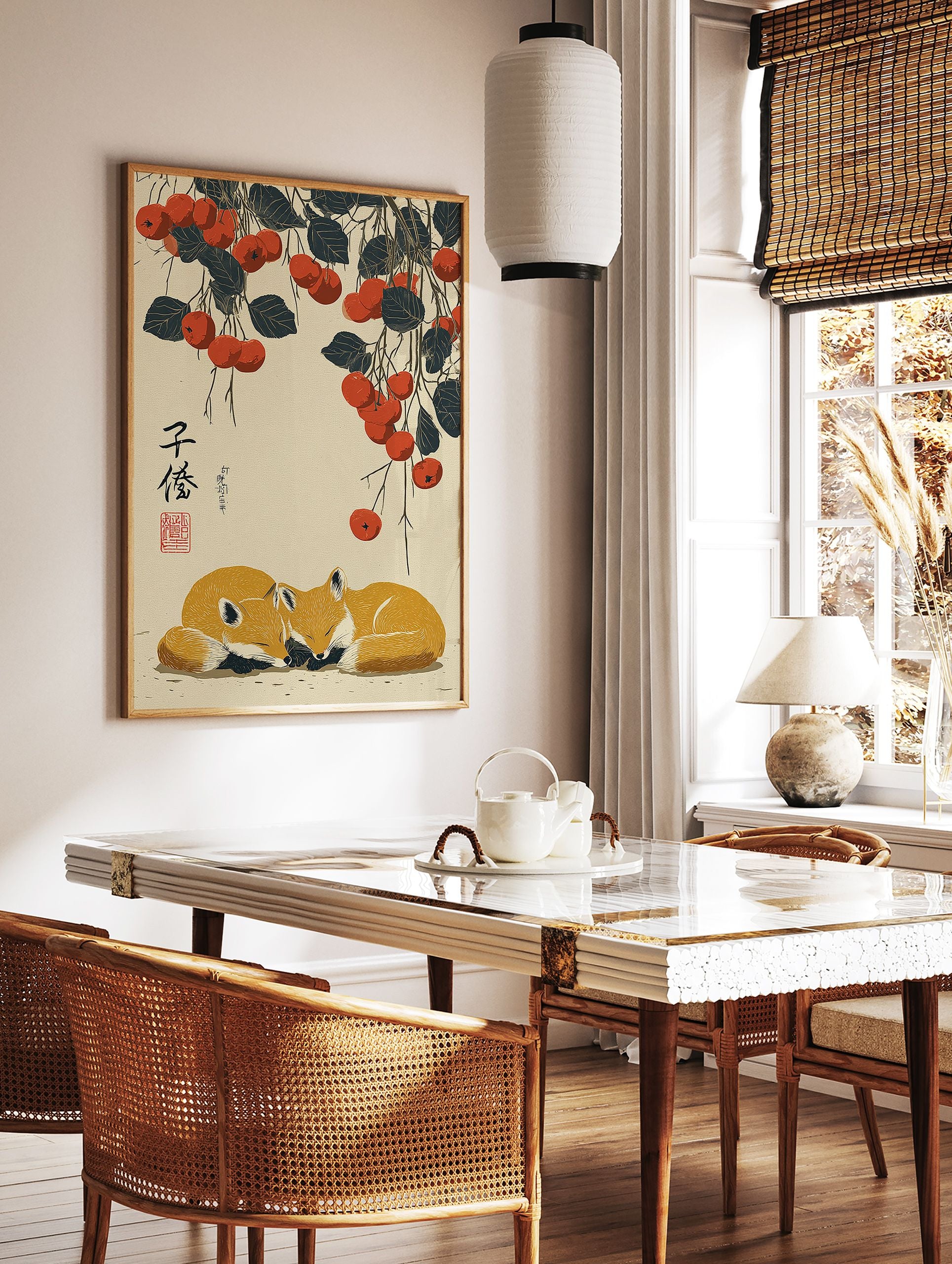 Illustrative Chinese fox wall art print with two sleeping foxes under branches of red berries and dark leaves on a light background. - Image 3