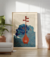 Chinese Sanxian instrument wall art with blue floral patterns and blue wave designs on a beige background. - Image 3