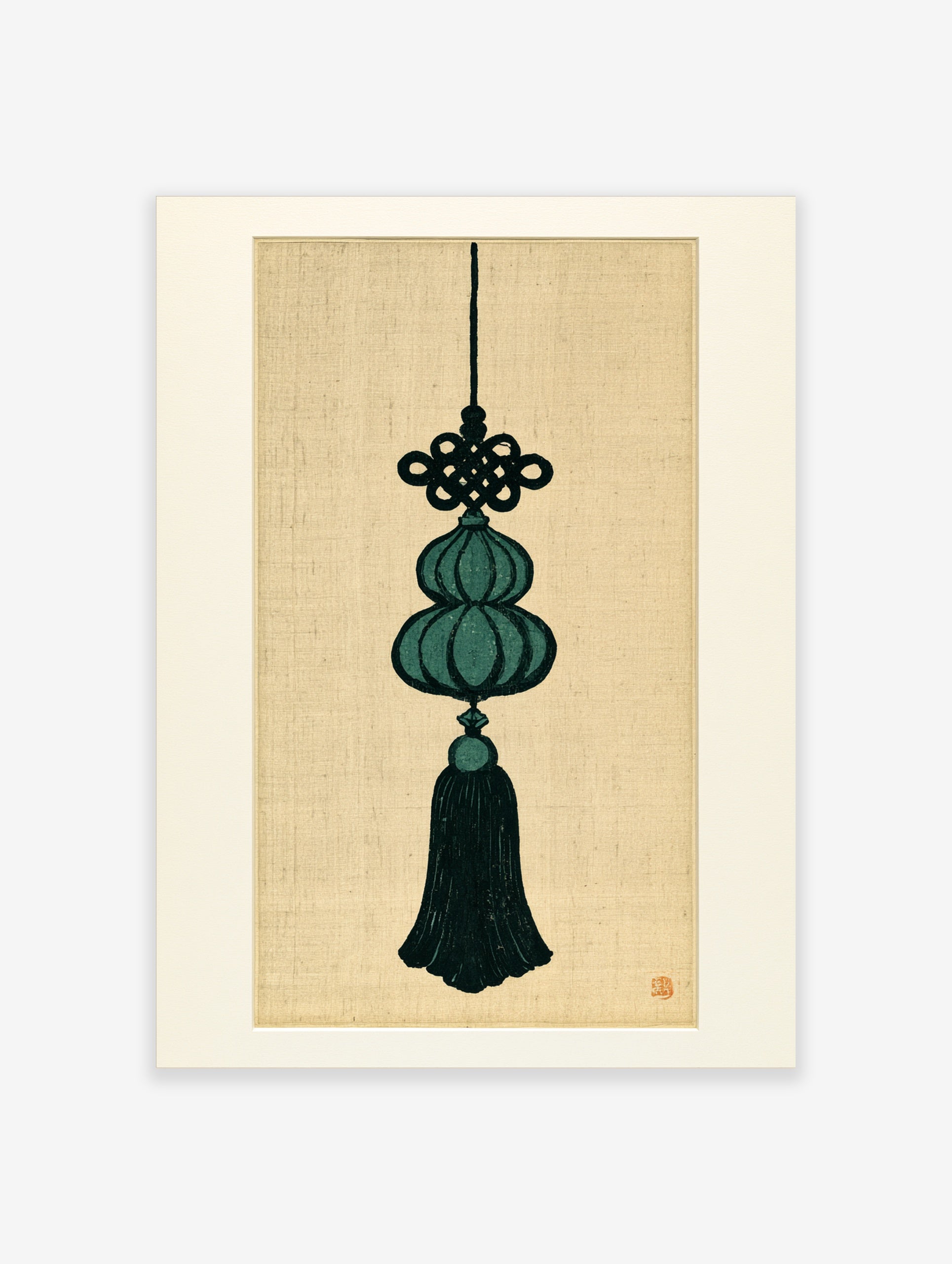 Decorative Chinese knot and gourd tassel illustration in deep teal and black on a beige background wall art print