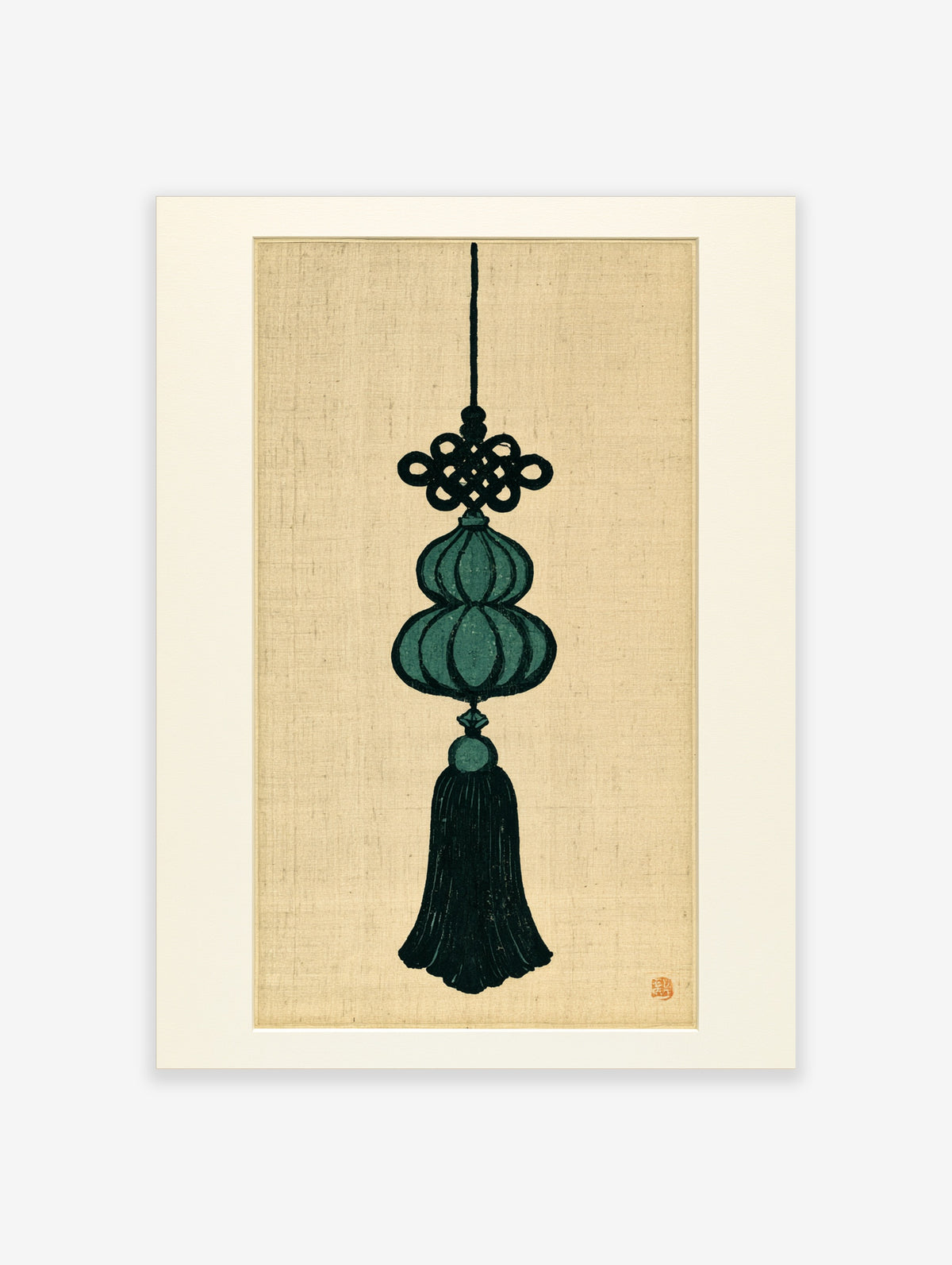 Decorative Chinese knot and gourd tassel illustration in deep teal and black on a beige background wall art print