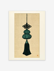 Decorative Chinese knot and gourd tassel illustration in deep teal and black on a beige background wall art print