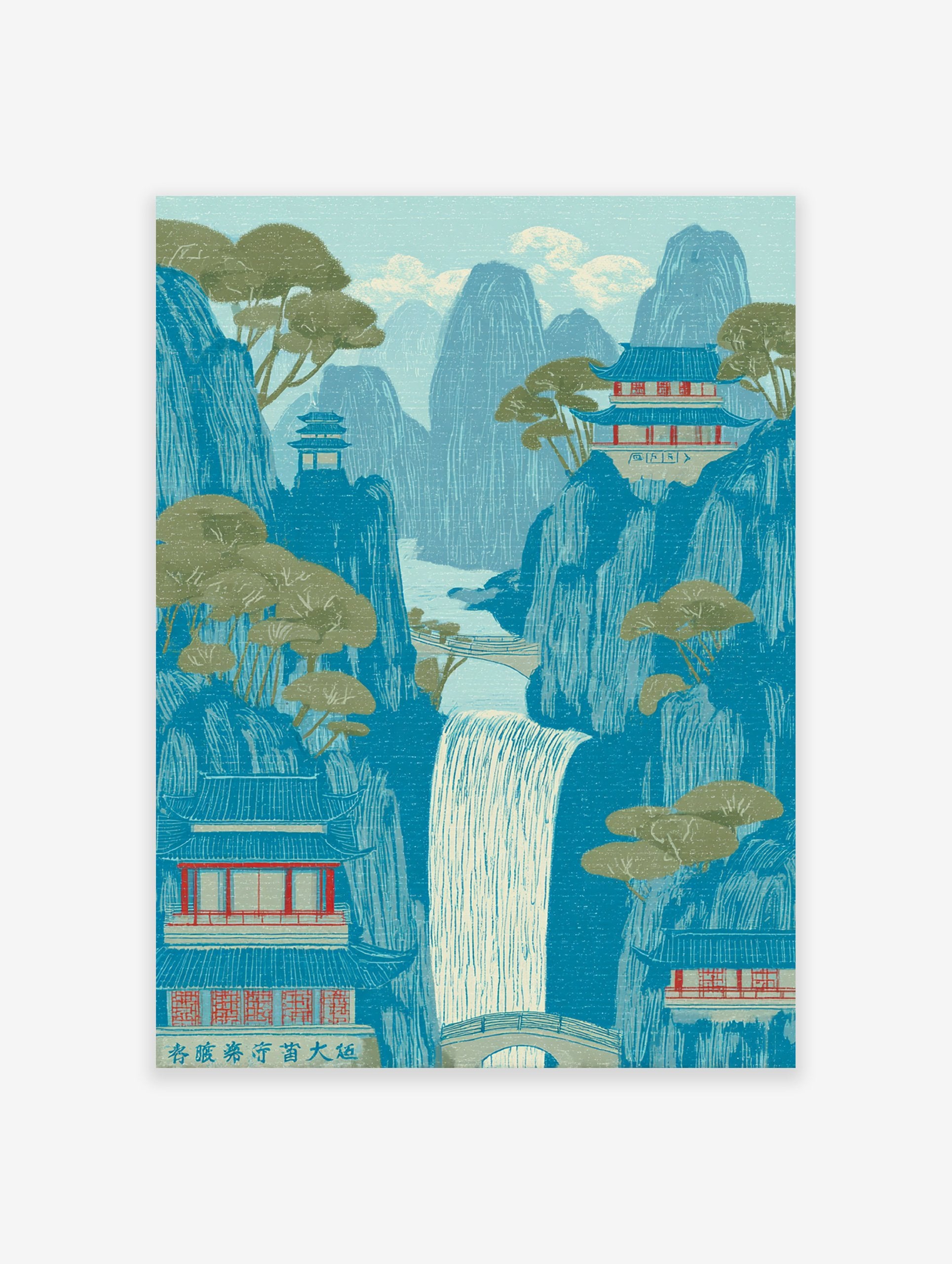 Illustrative Chinese landscape art print with blue mountains, a waterfall, green trees, and traditional temples.