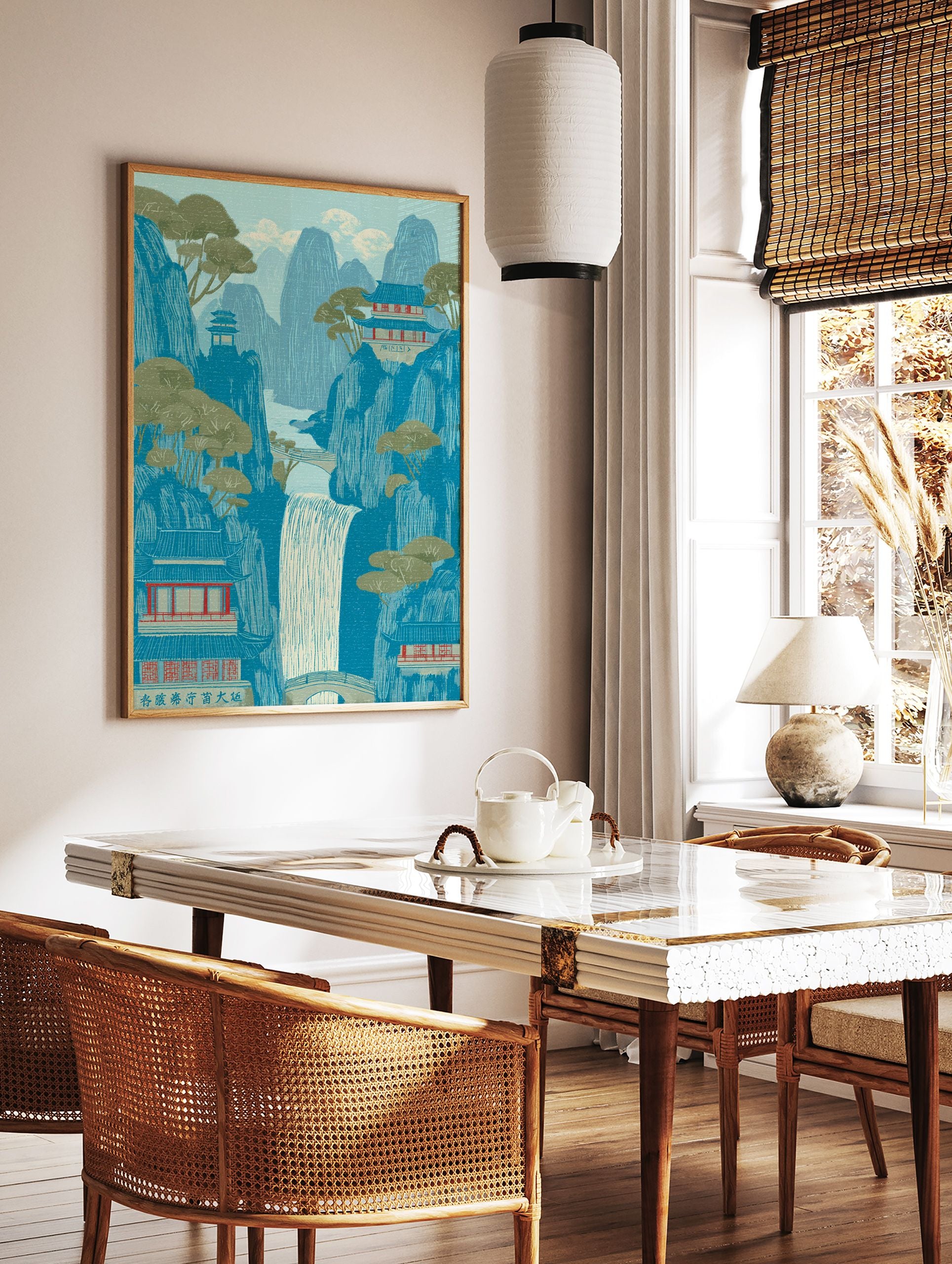 Illustrative Chinese landscape art print with blue mountains, a waterfall, green trees, and traditional temples. - Image 2