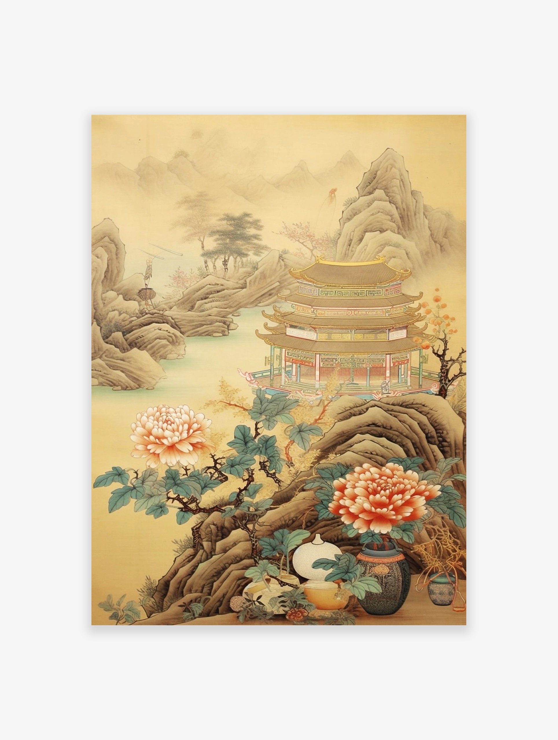 A Chinese Landscape Pagoda poster showing a multi-tiered pagoda, mountains, water, and large pink peonies in the foreground.