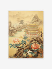 A Chinese Landscape Pagoda poster showing a multi-tiered pagoda, mountains, water, and large pink peonies in the foreground.