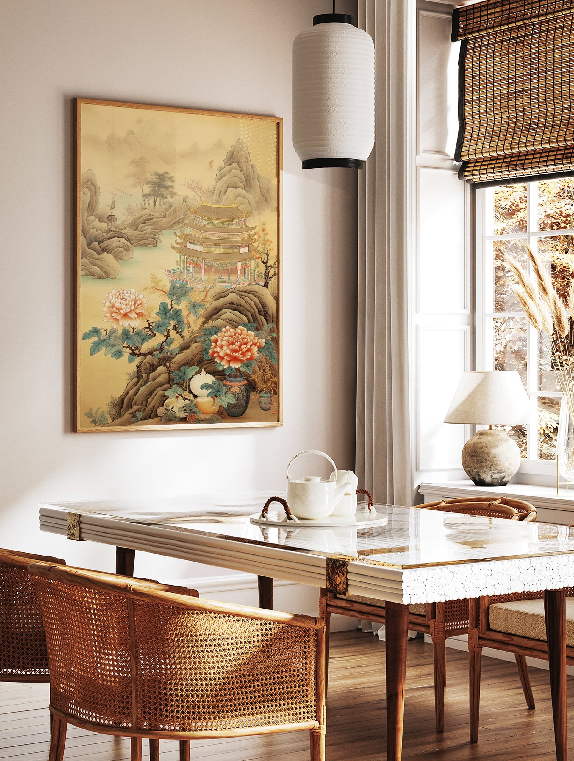 A Chinese Landscape Pagoda poster showing a multi-tiered pagoda, mountains, water, and large pink peonies in the foreground. - Image 2