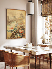 A Chinese Landscape Pagoda poster showing a multi-tiered pagoda, mountains, water, and large pink peonies in the foreground. - Image 2