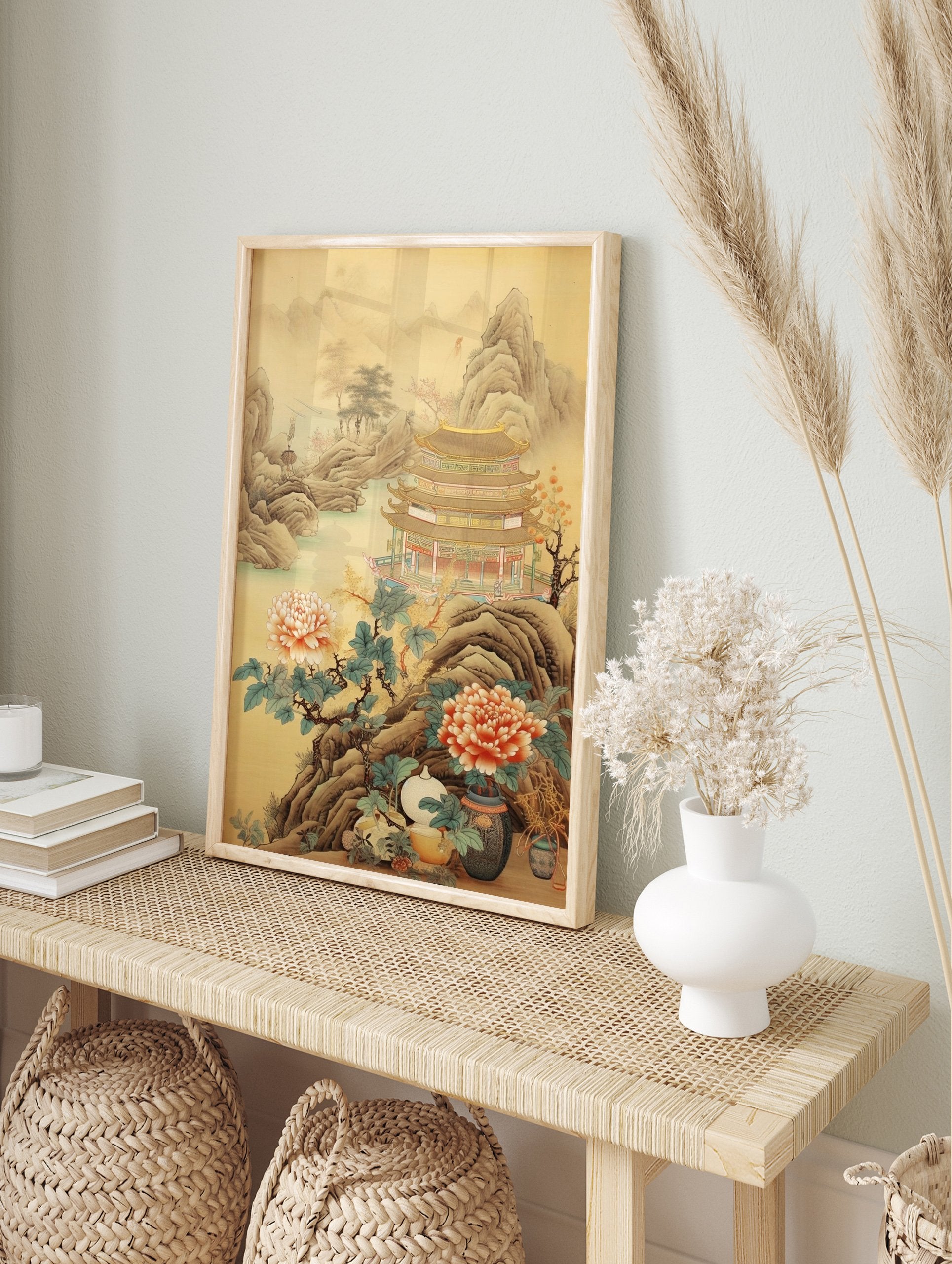 A Chinese Landscape Pagoda poster showing a multi-tiered pagoda, mountains, water, and large pink peonies in the foreground. - Image 4