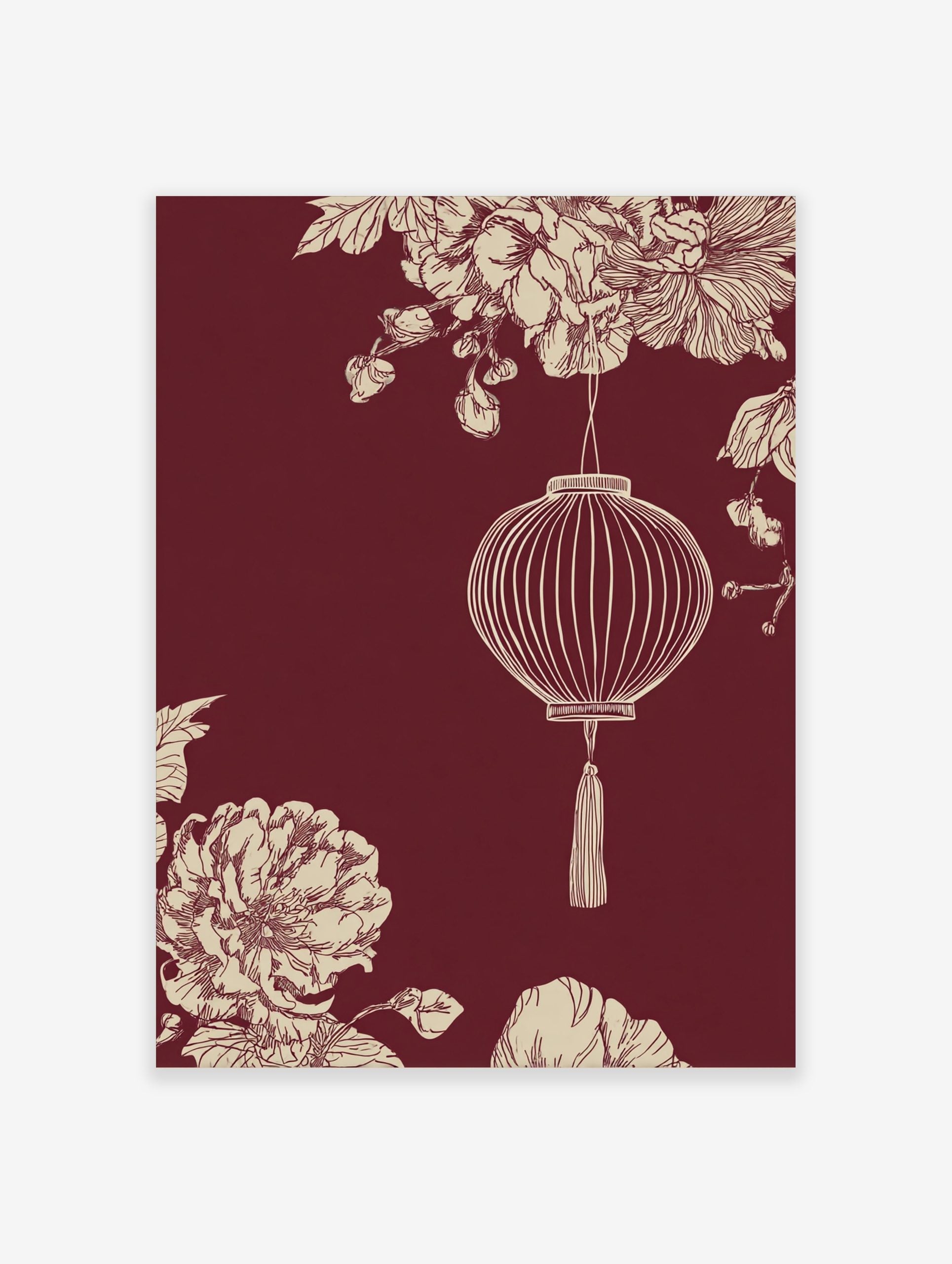 Illustrative Chinese lantern with tassel, cream botanical flowers, and foliage on a maroon background