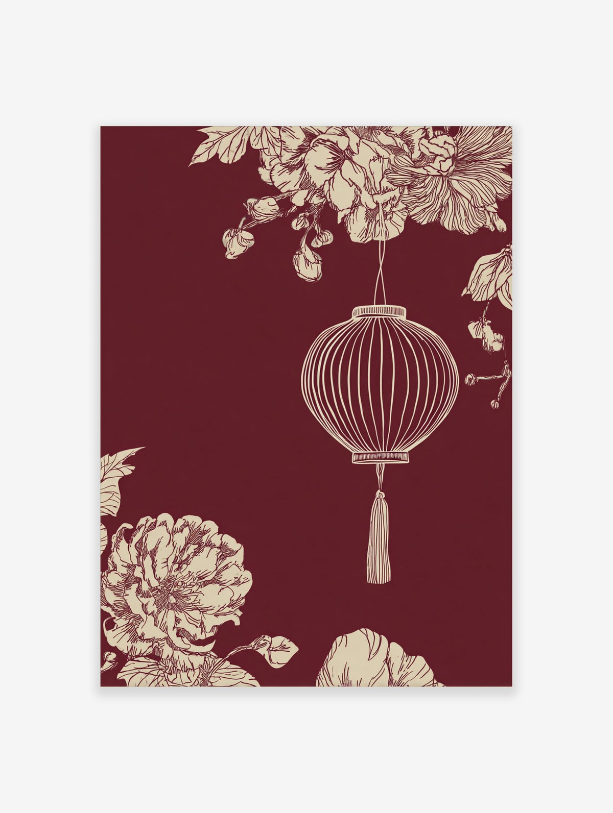 Illustrative Chinese lantern with tassel, cream botanical flowers, and foliage on a maroon background