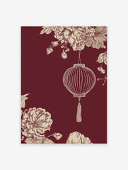 Illustrative Chinese lantern with tassel, cream botanical flowers, and foliage on a maroon background