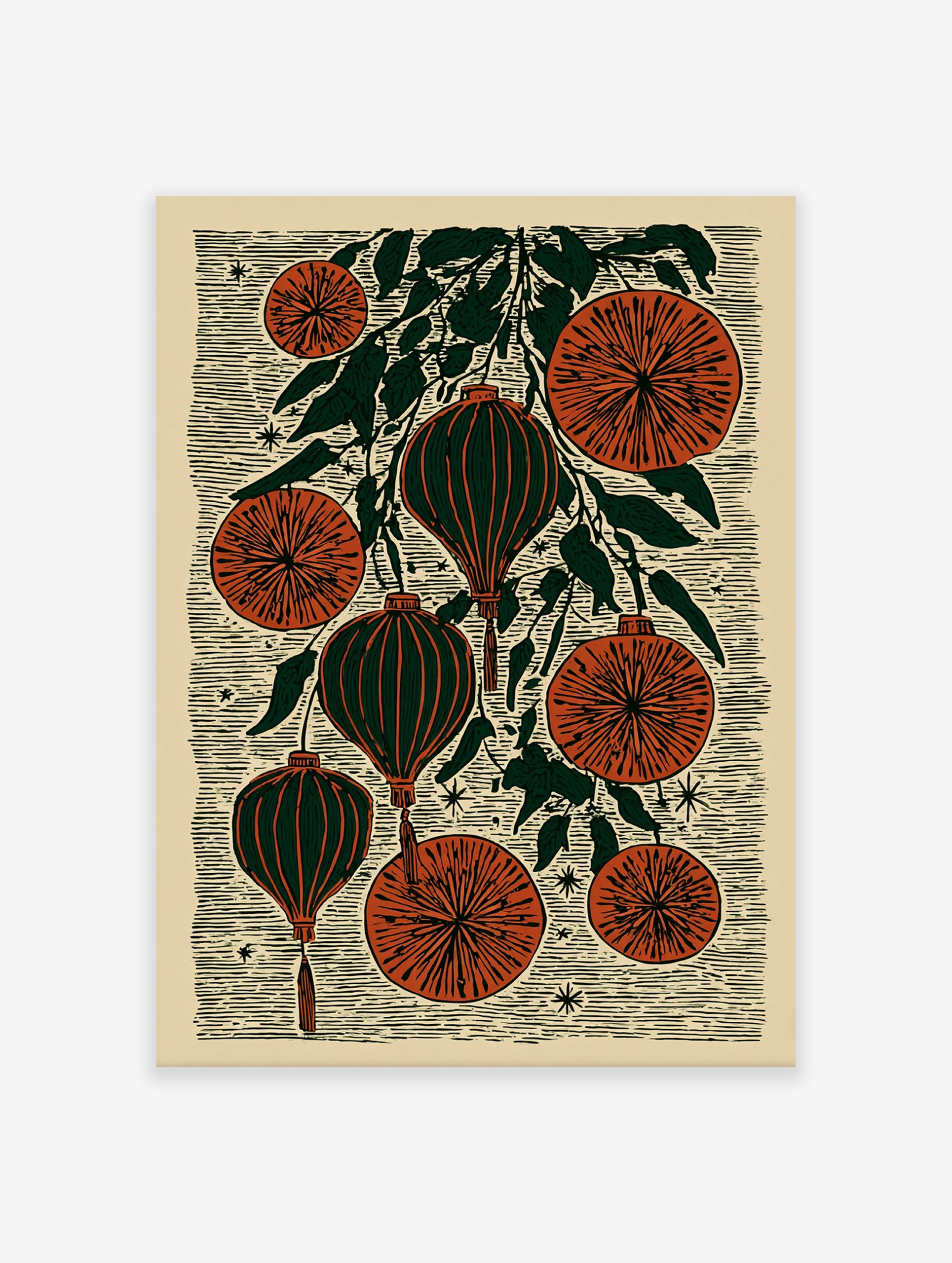 Chinese Lantern Wall Art with botanical oranges and leaves in a folk art block print style on a cream background