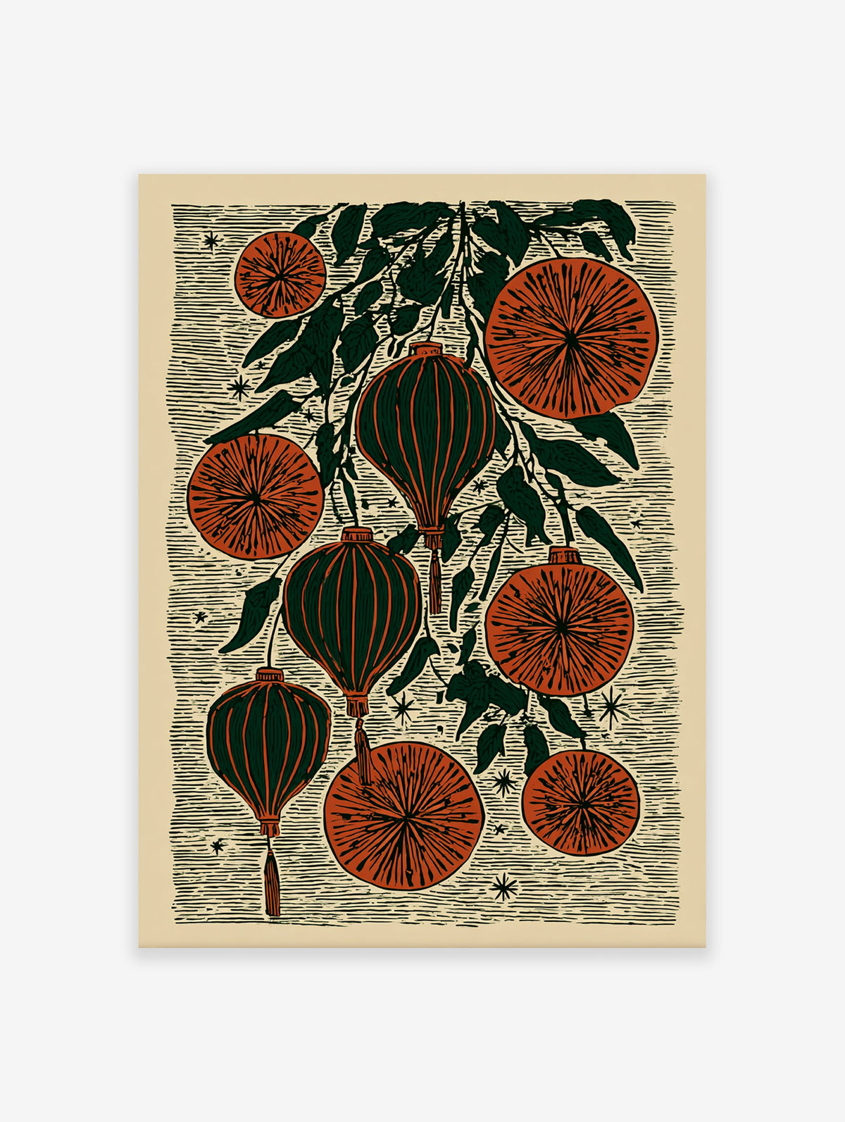 Chinese Lantern Wall Art with botanical oranges and leaves in a folk art block print style on a cream background