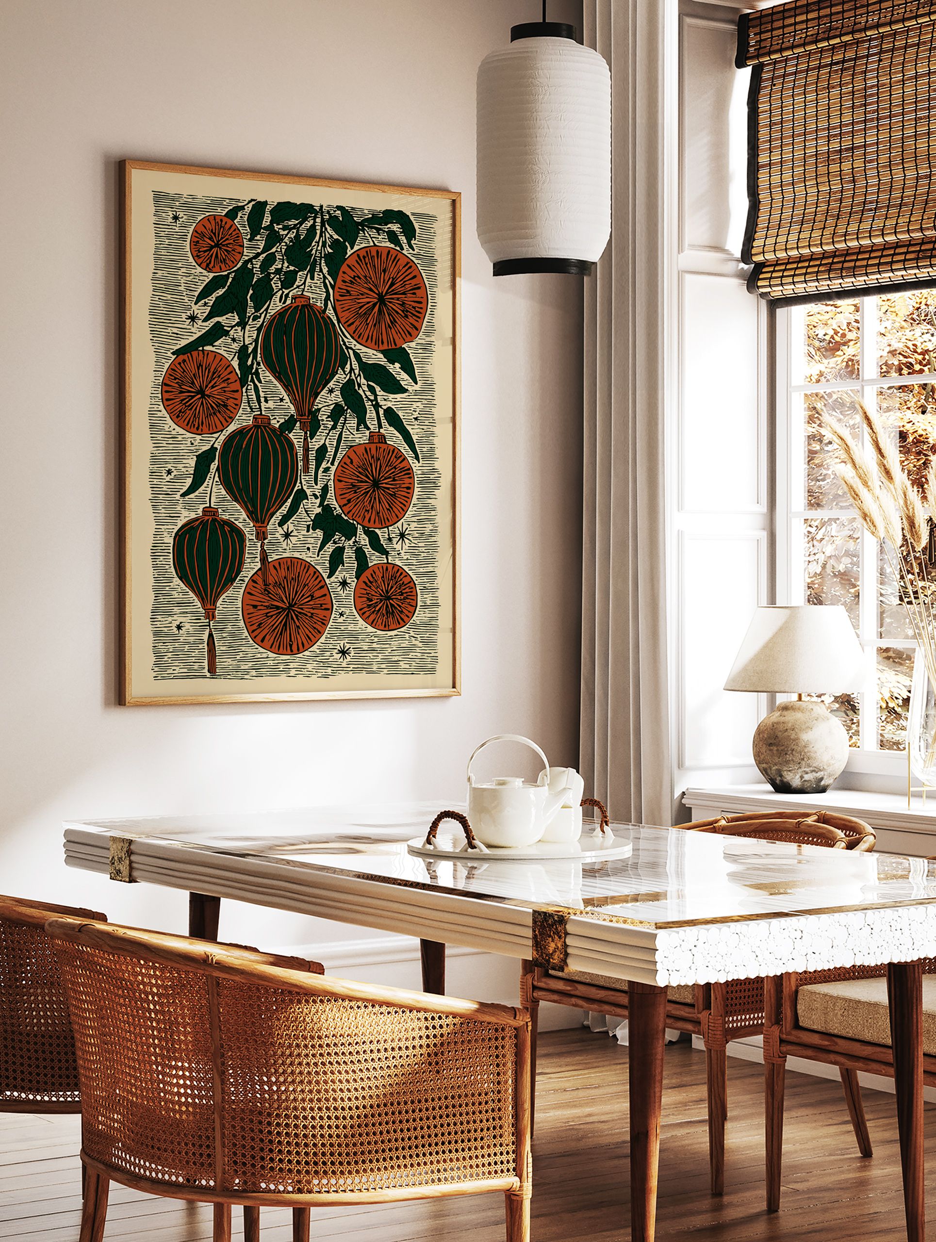 Chinese Lantern Wall Art with botanical oranges and leaves in a folk art block print style on a cream background - Image 2
