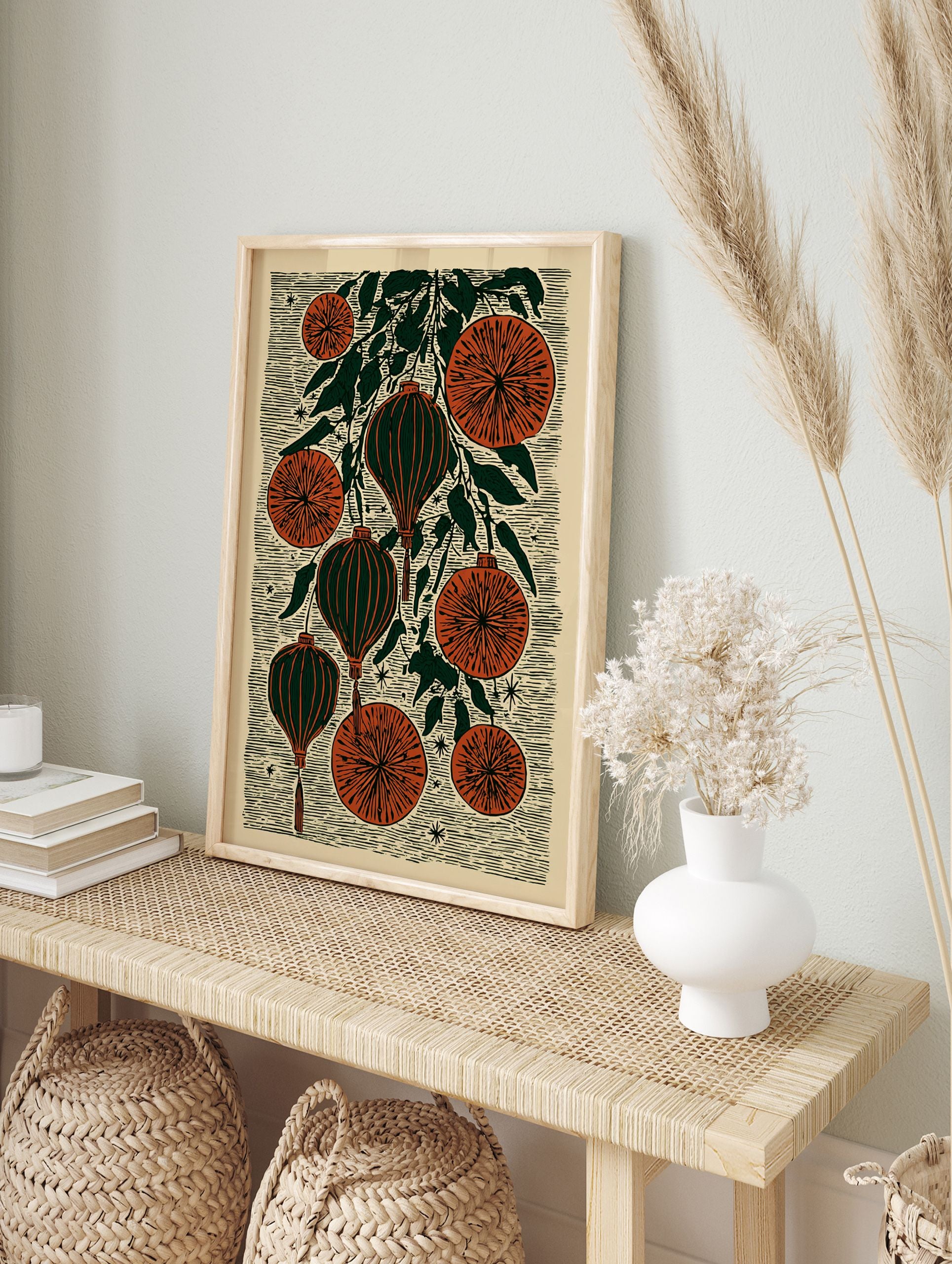Chinese Lantern Wall Art with botanical oranges and leaves in a folk art block print style on a cream background - Image 3