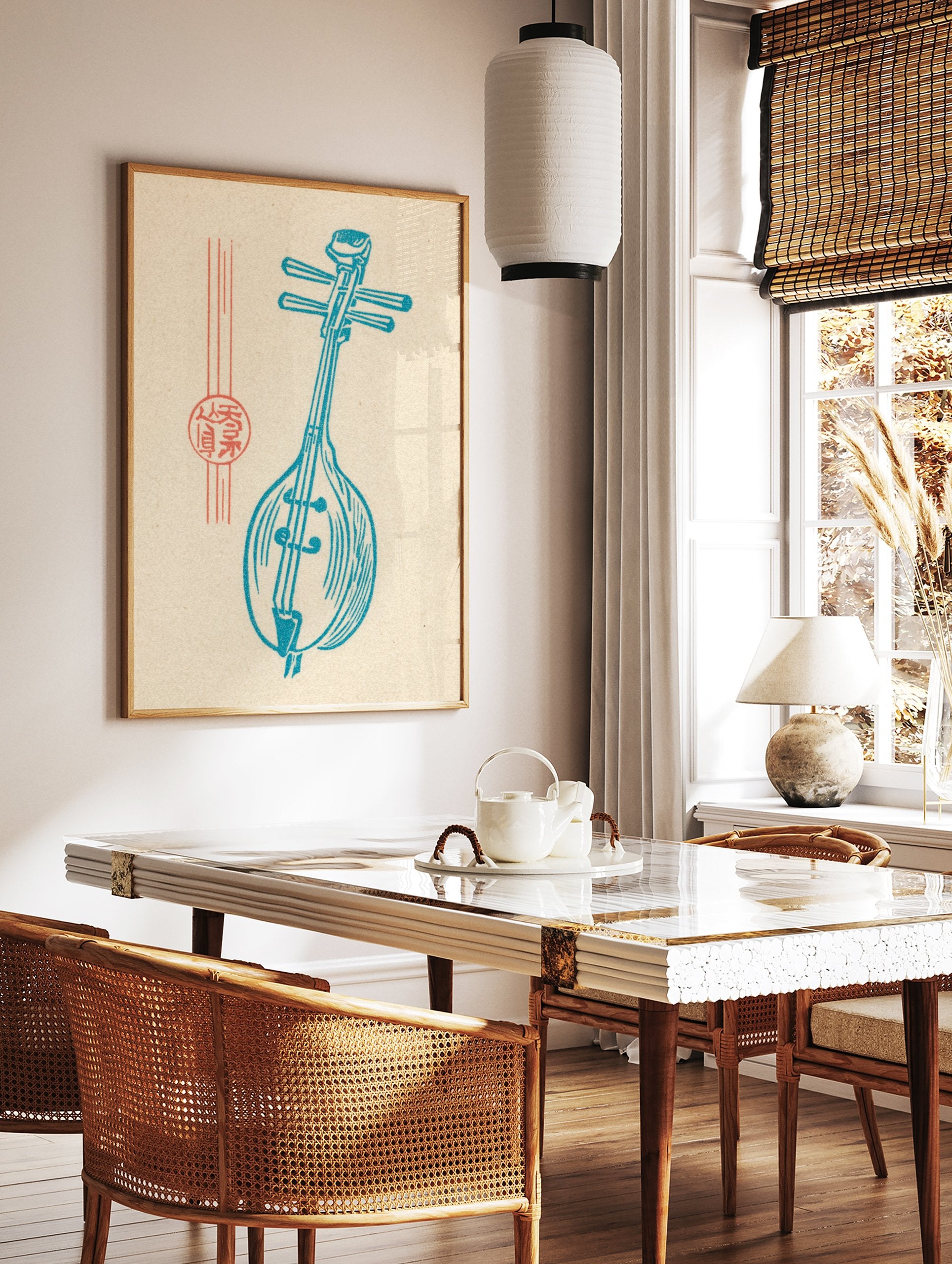 Blue illustration of a Chinese lute (pipa) musical instrument with red cultural seal on a light beige background. Chinese Lute Music Poster. - Image 2